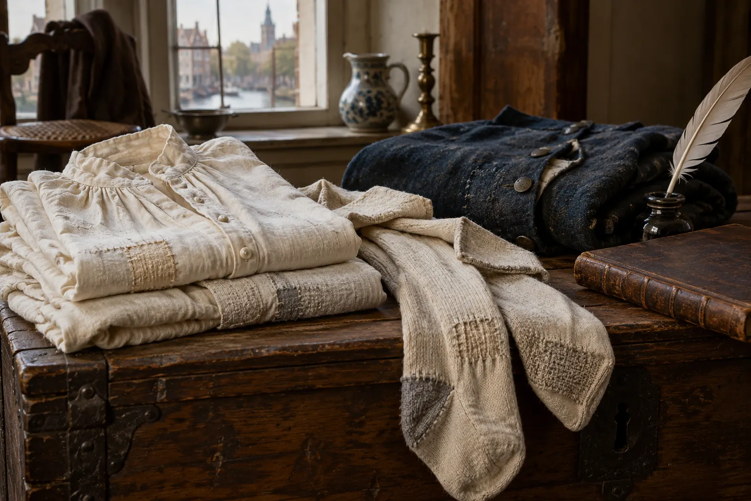 AI-generated supplementary illustration. Mended linen and wool garments on a wooden chest; conceptual still-life reconstruction.