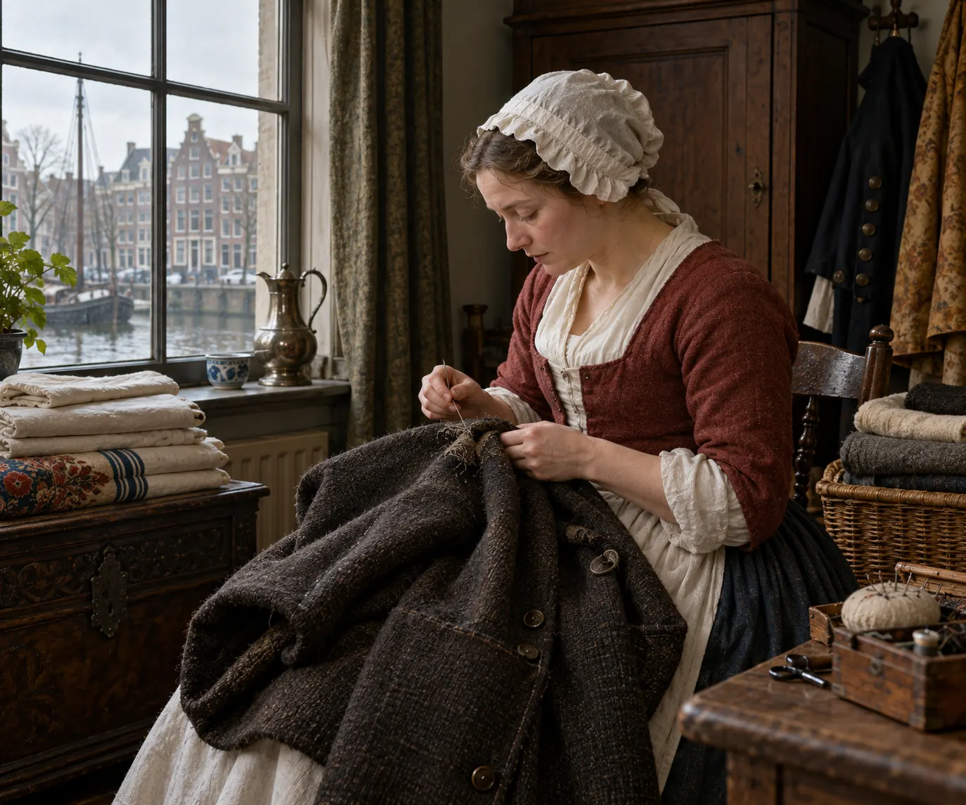 AI-generated supplementary illustration. A woman repairs a durable wool coat among carefully kept textiles; conceptual historical reconstruction.