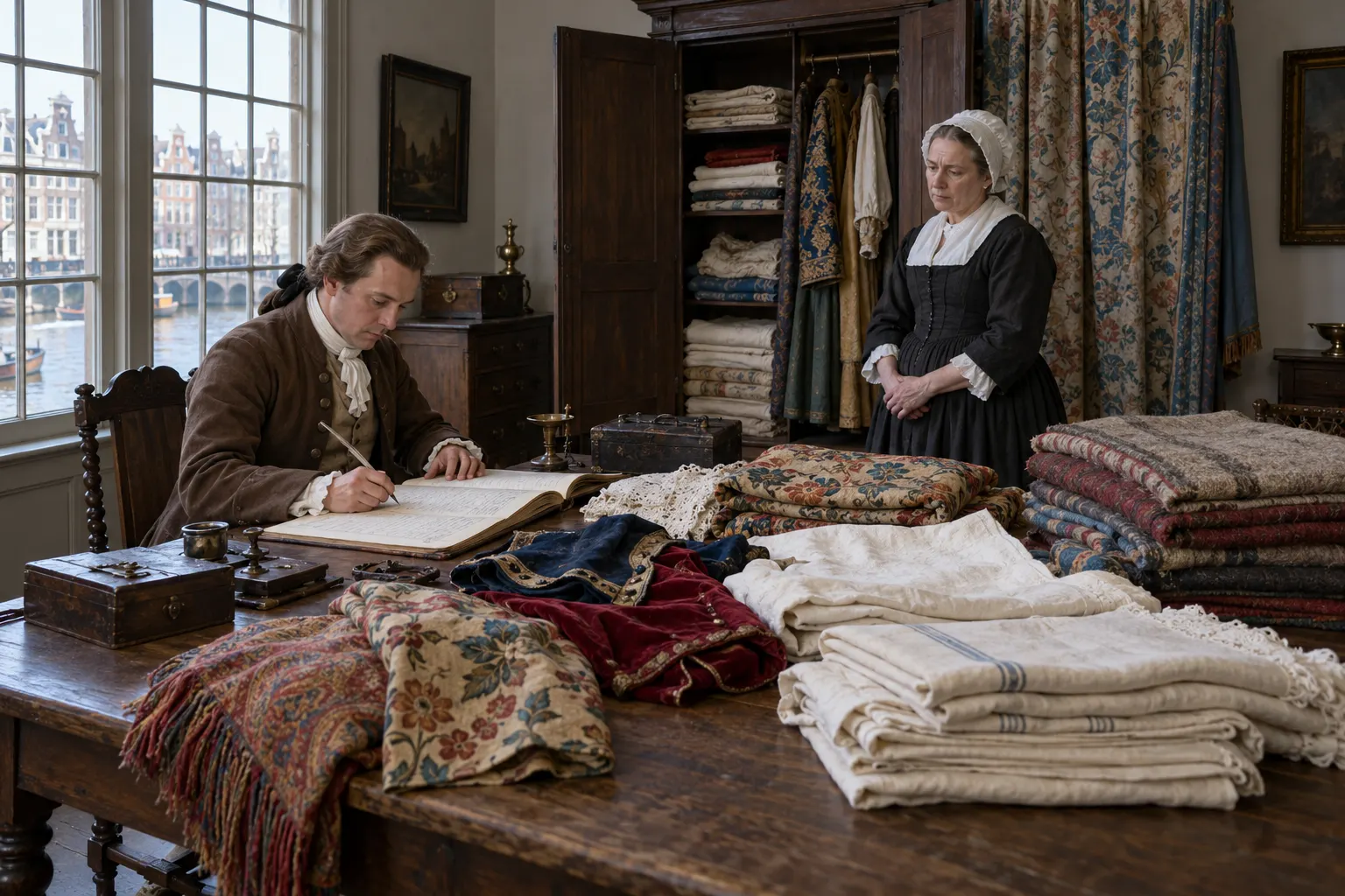 AI-generated supplementary illustration. A clerk makes a household textile inventory in an eighteenth-century Amsterdam interior; reconstruction, no readable document text.