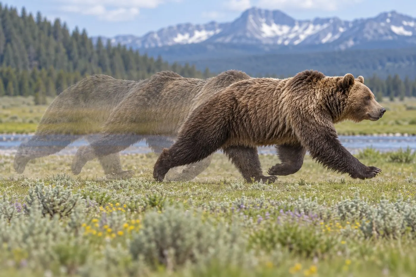 AI-generated educational illustration using successive semi-transparent bear silhouettes to suggest the phases of a running stride.
