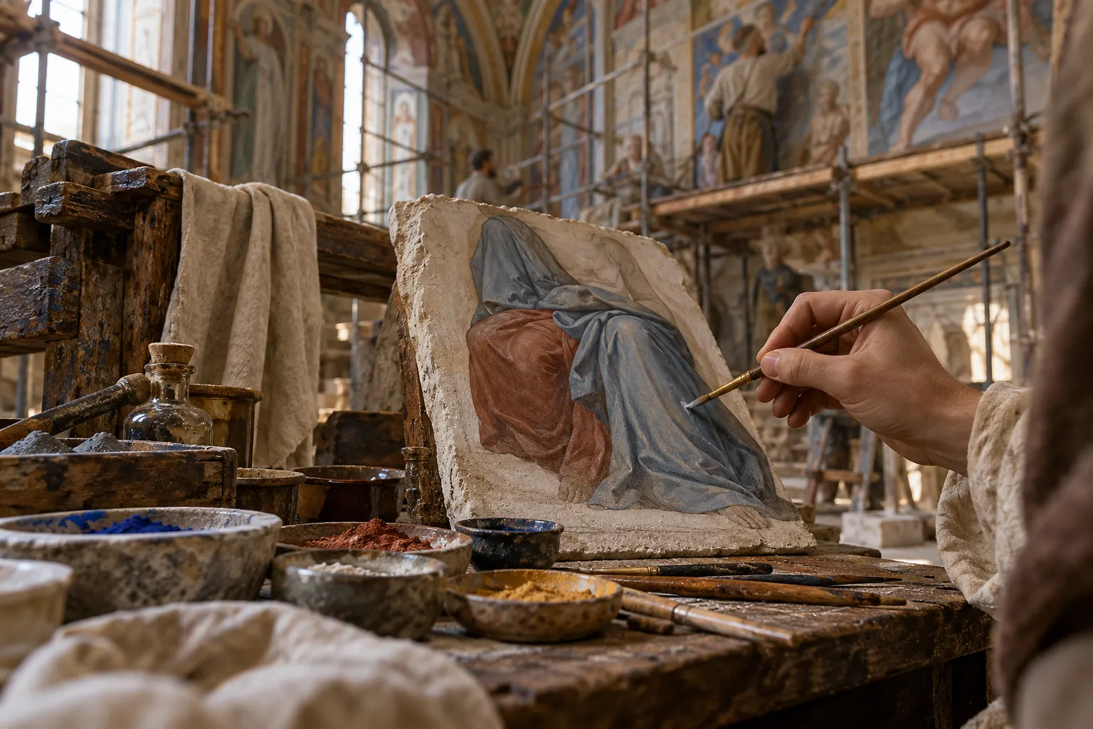 Титульна AI-згенерована ілюстрація / AI-generated cover illustration. Symbolic Renaissance fresco-workshop scene with a restorer painting drapery on a small plaster study; not an authentic historical intervention or actual Michelangelo fragment.