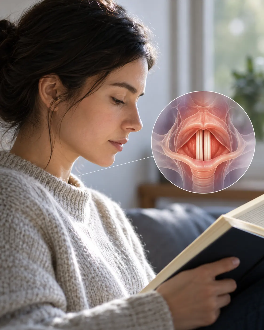 AI-generated illustrative cover, created 2026-10-25. Prompt: “Realistic editorial photograph, vertical 4:5, close side profile of a person reading quietly with lips closed, book in hand, soft daylight, calm setting, no logos or text. Illustrative cover about silent reading and vocal folds.”