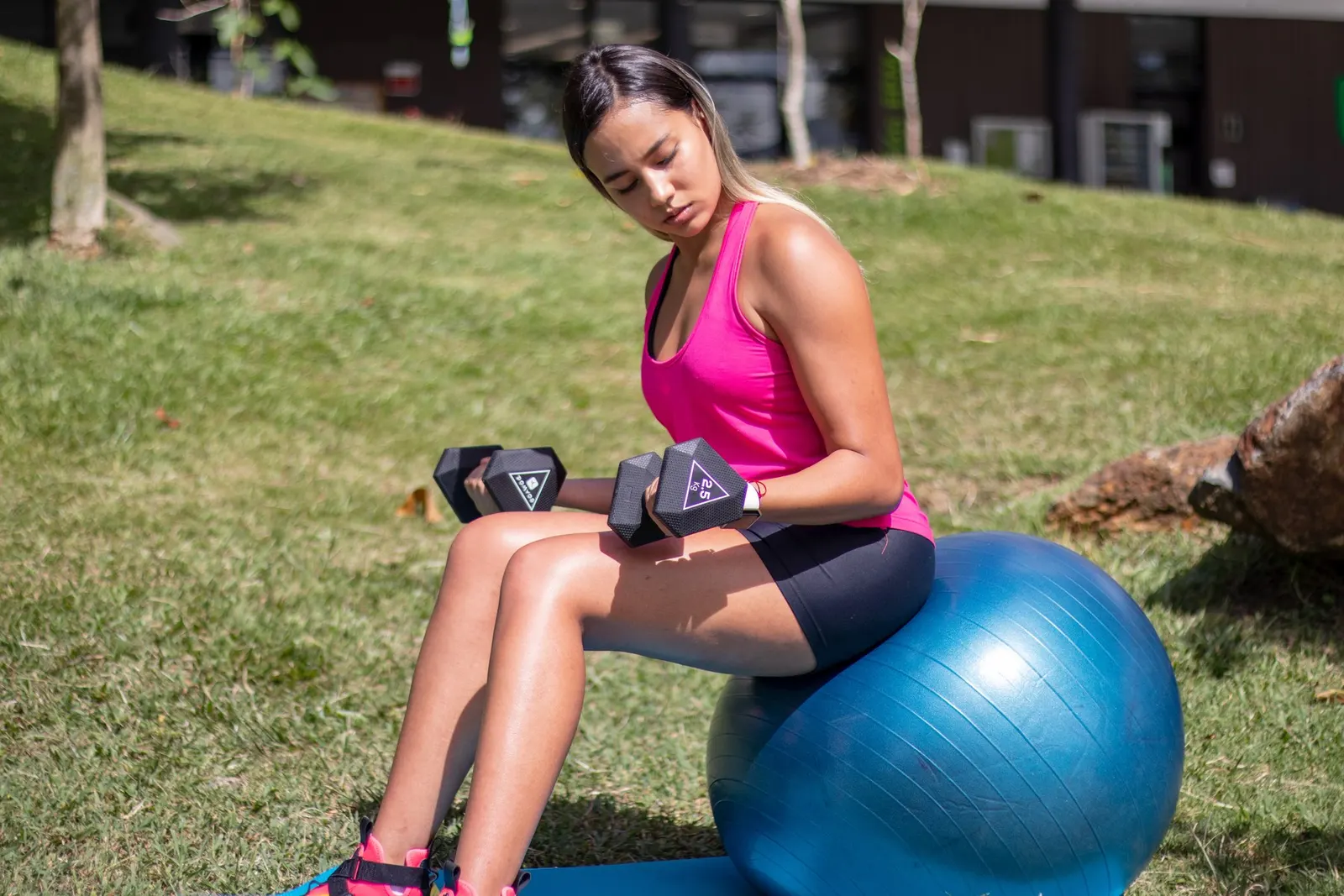a woman doing dumbbell curls while seated on a stability ball in a park; photographer Tyler Read / PTPioneer; CC BY 2.0. Source: https://commons.wikimedia.org/wiki/File:Girl_doing_dumbbell_curls_on_stability_ball_outside.jpg. Attribution: Tyler Read / PTPioneer, CC BY 2.0, https://creativecommons.org/licenses/by/2.0/, via Wikimedia Commons. The image illustrates a separate stability-ball exercise and does not depict Furman or his record attempt.