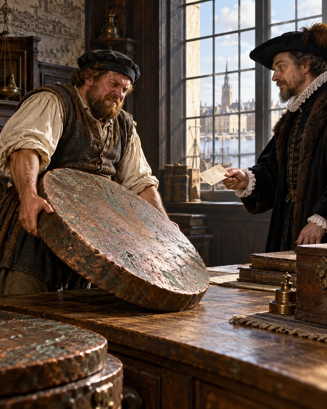A merchant struggles with a heavy copper plate coin while a paper credit note is offered; reconstructed illustrative scene.