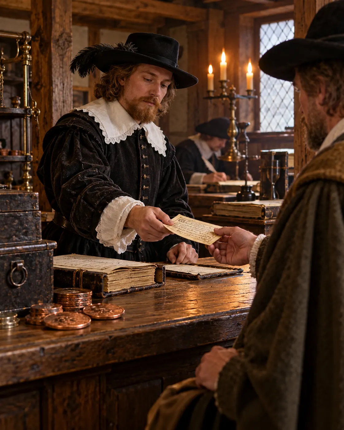 A reconstructed Stockholm Banco clerk hands a handwritten credit certificate across the counter; no specific historical individual is depicted.
