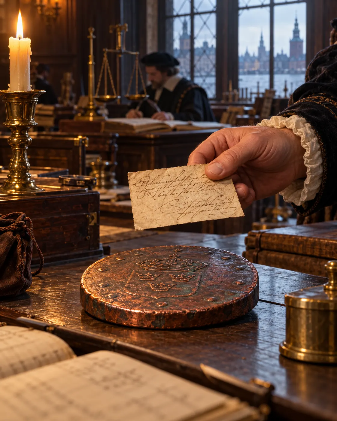 An invented 1661 Stockholm credit note held above a heavy copper plate coin in a reconstructed bank interior. It is not an authentic historical banknote.