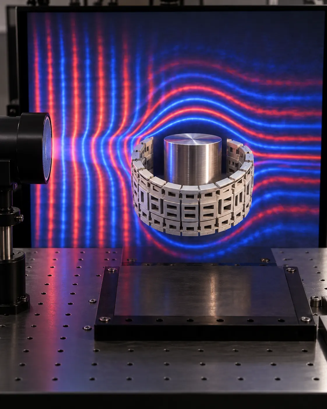 AI-generated educational visualization of electromagnetic waves bending around a patterned shell; not an actual experiment or functional cloak. Prompt: “Photorealistic editorial reconstruction of a physics laboratory demonstration of a metamaterial wave-bending shell: small metal cylinder enclosed by a patterned ring of engineered material, visible red and blue wavefront lines curving around it on a screen, vertical 4:5. Educational visualization, not an actual cloak or invisibility device, no labels, logos, or claim to reproduce a specific experiment.” Generated 2026-10-19.