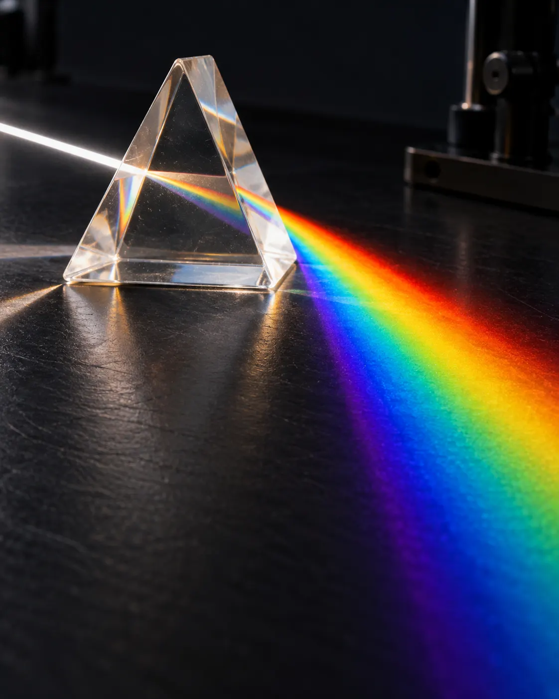 AI-generated image of a prism splitting white light, an optics demonstration relevant to refraction but not invisibility. Prompt: “Photorealistic editorial close-up of a glass prism bending a narrow beam of white light into a spectrum across a dark laboratory surface, physics optics demonstration, vertical 4:5. No text, no people, no claim this creates invisibility.” Generated 2026-10-19.