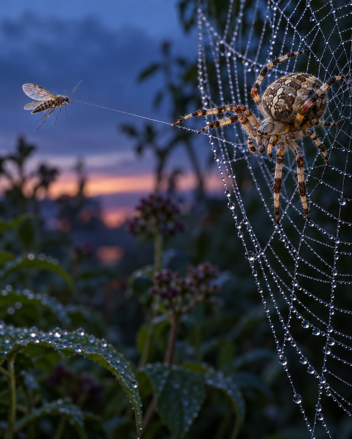 AI illustration of an orb-weaver oriented toward an insect approaching its web.