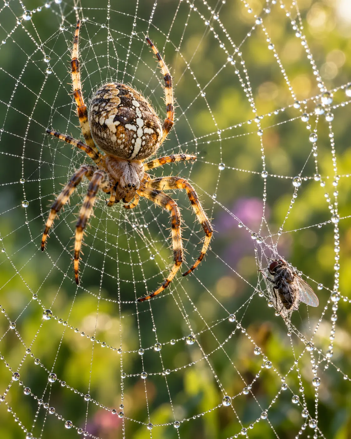 AI-generated illustrative cover, created 2026-10-25. Prompt: “Realistic macro nature photograph, 4:5, orb-weaving spider on an intricate web with a single small fly caught, dew-lit silk strands, natural garden background, precise anatomy, scientific documentary photography, no text, no logos. Illustrative cover about spiders sensing web vibrations.”
