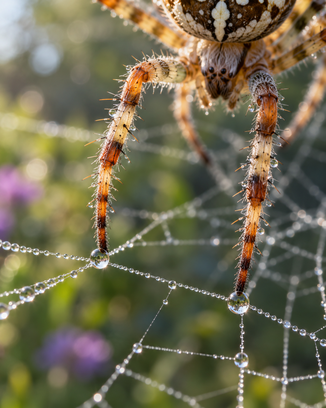 AI macro illustration of a spider's legs resting on radial web threads.