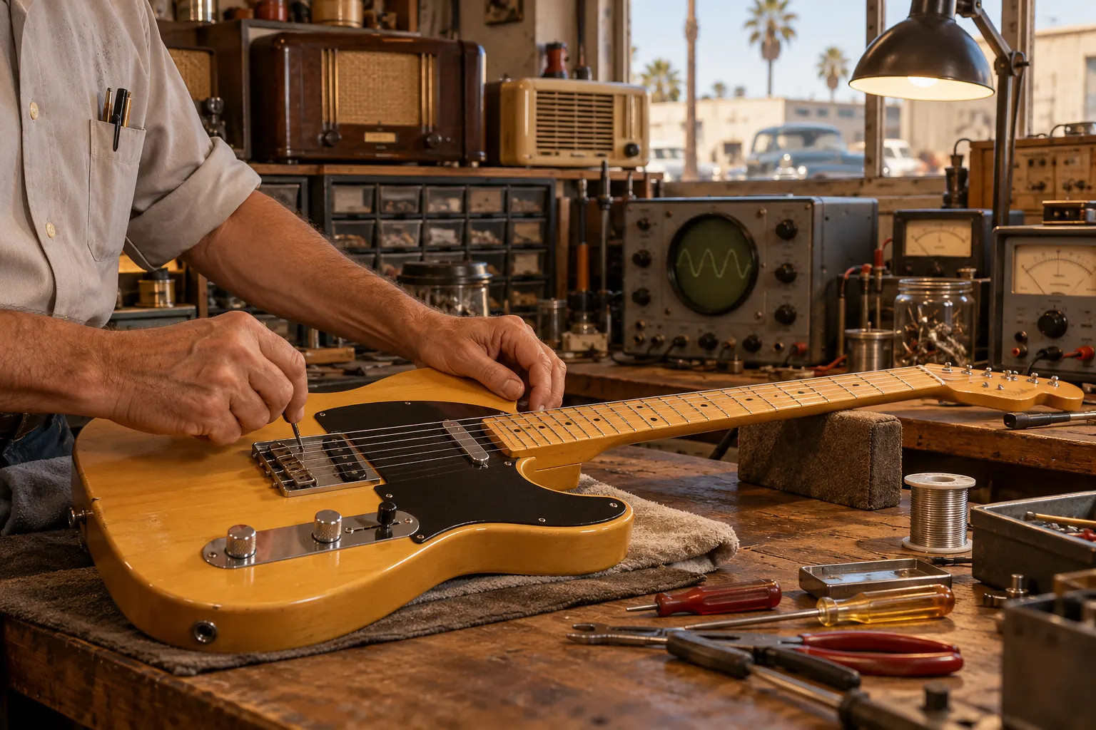 AI-generated illustration of an engineer working on an electric guitar in a vintage radio repair shop; a reconstruction, not a portrait of Leo Fender.