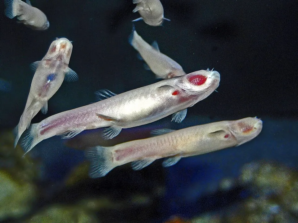 Документальне фото печерної риби Phreatichthys andruzzii; не часовий ряд клітинного репортера / Documentary cavefish photograph; not a cellular-reporter time series. Credit: Hectonichus; CC BY-SA 3.0. https://creativecommons.org/licenses/by-sa/3.0 Source: https://commons.wikimedia.org/?curid=41742666
