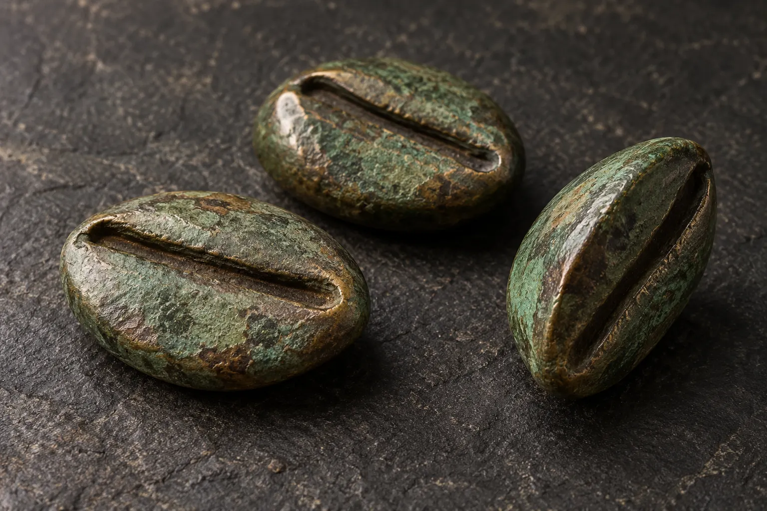 Додаткова AI-згенерована ілюстрація / Supplementary AI-generated illustration. Generic bronze cowrie-shaped objects, a reconstruction of material imitation rather than an identified excavated specimen.