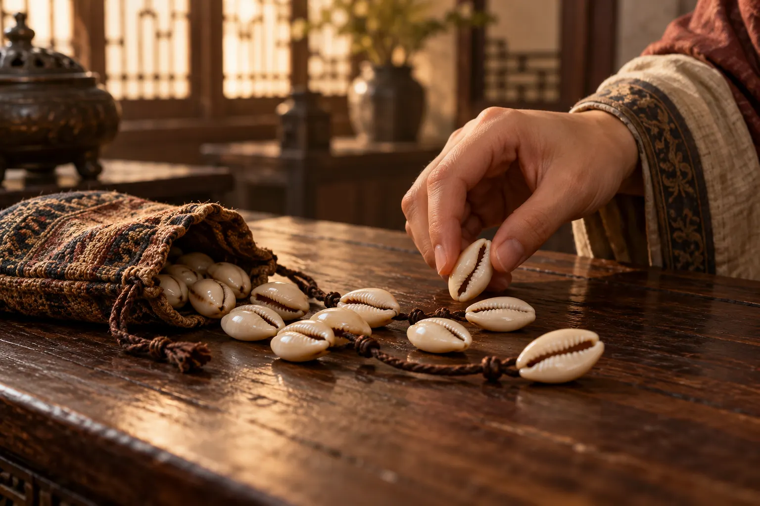 Титульна AI-згенерована ілюстрація / AI-generated cover illustration. Symbolic counting of cowrie shells in an ancient Chinese setting, not a specific documented exchange.