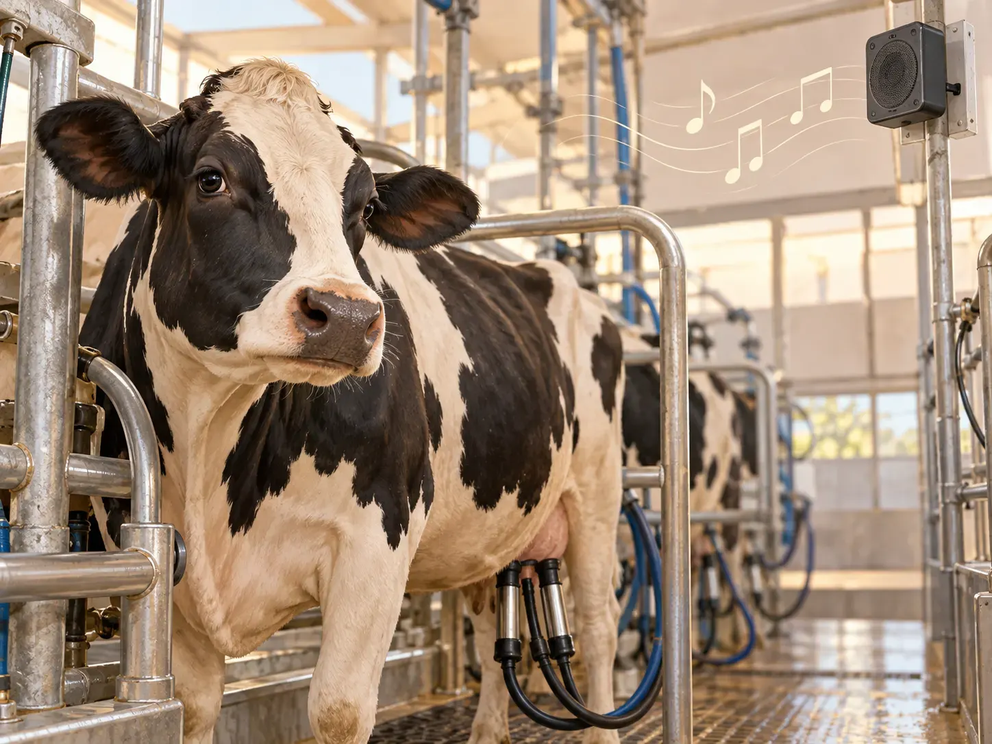 local PNG; AI-generated editorial illustration of a dairy cow in a milking parlor with a speaker. Created 2026-10-13 for this package using OpenAI image generation; no external creator or source URL. Not a photograph, not documentary evidence, and not a depiction of the study participants. No external reuse license applies; generated asset may be reused subject to the service terms. The post labels it AI-generated.