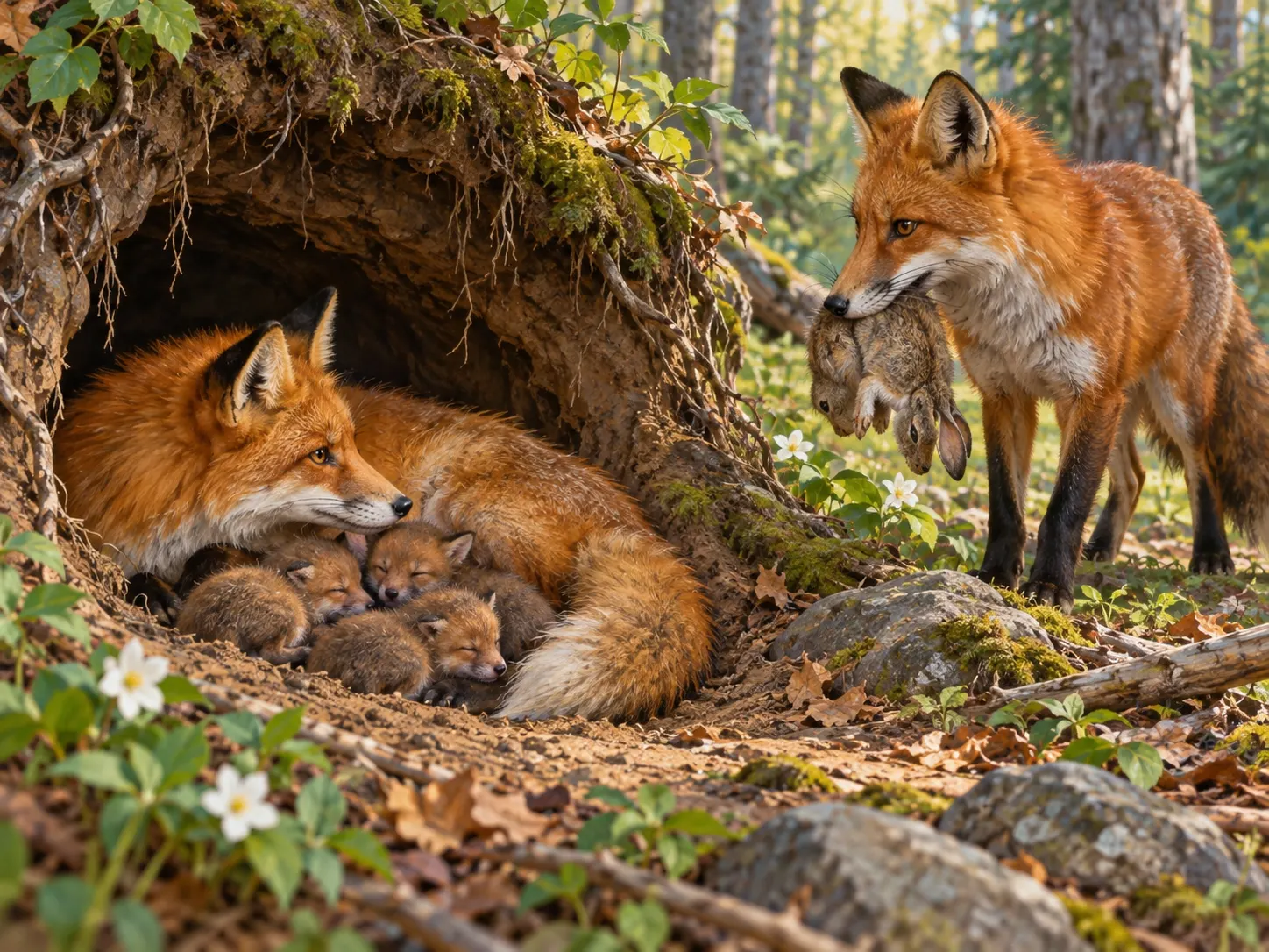 AI-generated educational scene of a vixen and kits at a den with a male bringing food. Created 2026-10-13 using OpenAI image generation. No external creator/source/license. Not documentary evidence; disclosed in post.