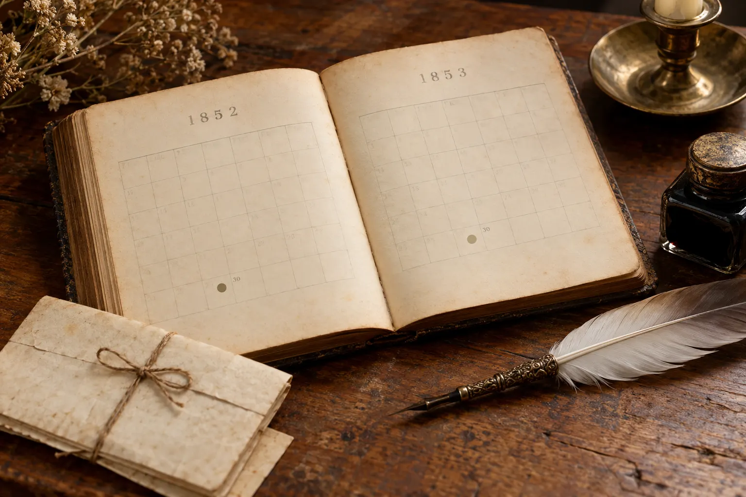 AI-концепція календарних сторінок 1852–1853 років; не архівний документ. OpenAI image generation, 2026-10-29.