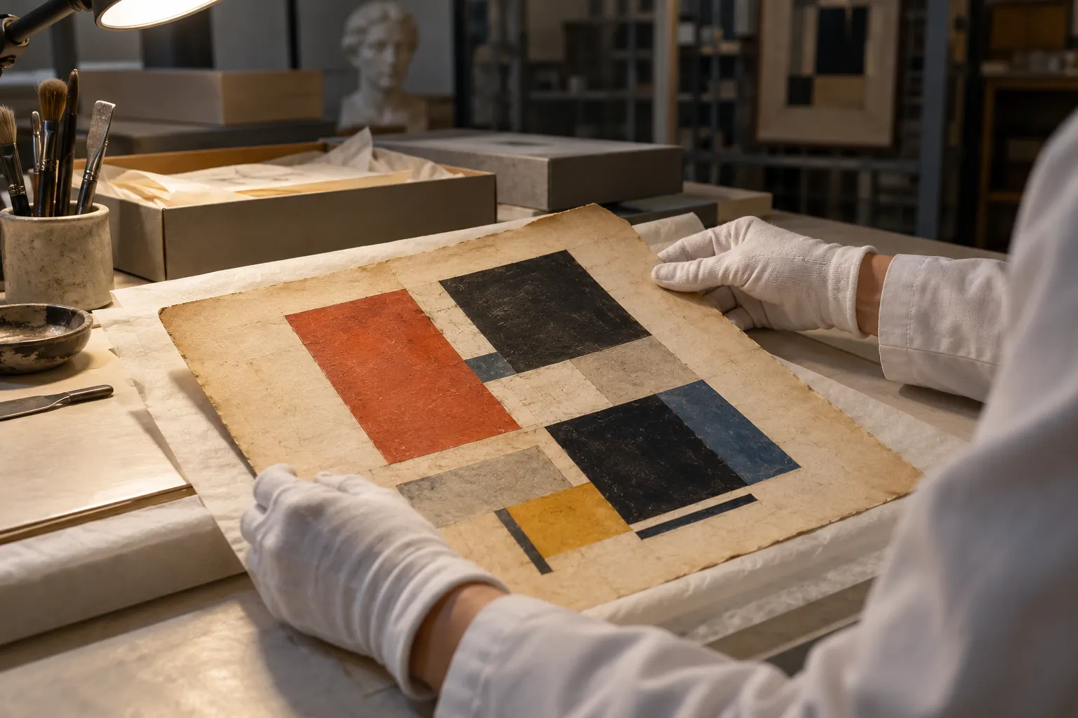 Титульна AI-згенерована ілюстрація / AI-generated cover illustration. An anonymous conservator with an invented abstract study in an archive; not an authentic Malevich artifact or a specific museum interior.