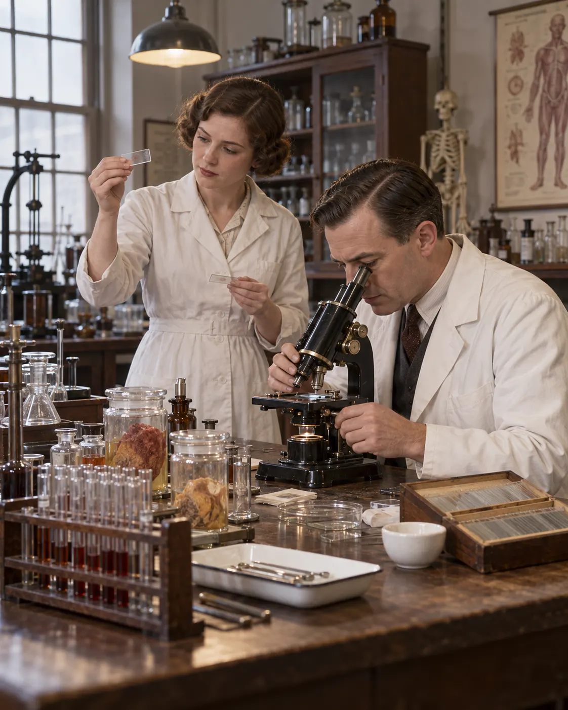 AI-generated editorial reconstruction (created 2026-10-19) of an anonymous 1930s medical research laboratory; not a photograph of Whipple, Minot or Murphy and not a specific documented experiment. Exact prompt: “Photorealistic editorial reconstruction of a 1930s medical research laboratory studying treatment for pernicious anemia, anonymous physician and laboratory assistant examining unlabeled glass slides and sample jars, period clothing and equipment, vertical 4:5. Generic illustrative scene, not a portrait of any Nobel laureate and not a specific documented experiment, no labels or readable text.”