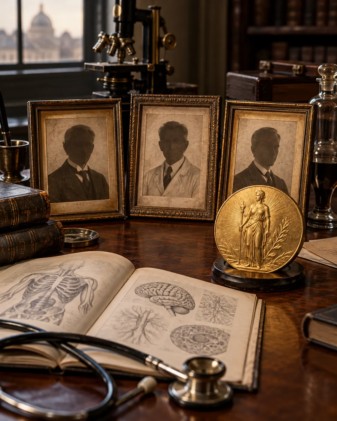 AI-generated cover image (created 2026-10-19), symbolically showing three archival-style portraits and one medal for the jointly awarded prize; the portraits are fictional and not the laureates. Exact prompt: “Photorealistic editorial cover about the first Nobel Prize shared by three people: three antique medical portraits arranged as blank frames beside one gold-colored medal and a medical journal on a 1930s desk, vertical 4:5. Symbolic and generic, no recognizable people, no official Nobel design, no readable text or logos.”