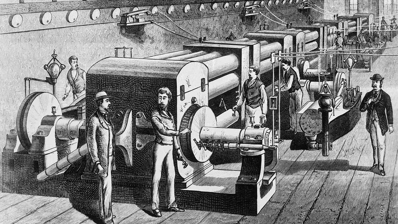 Історичне зображення електростанції на Перл-стріт / Historical depiction of the Pearl Street power plant; source reproduction, not a present-day photograph.