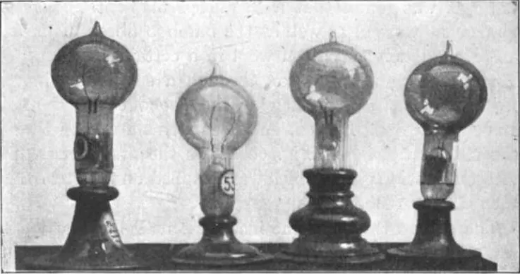 Історичне зображення ламп Едісона, William J. Hammer / Historical image of Edison incandescent lamps, William J. Hammer; documented lamp designs, not the entire urban system.