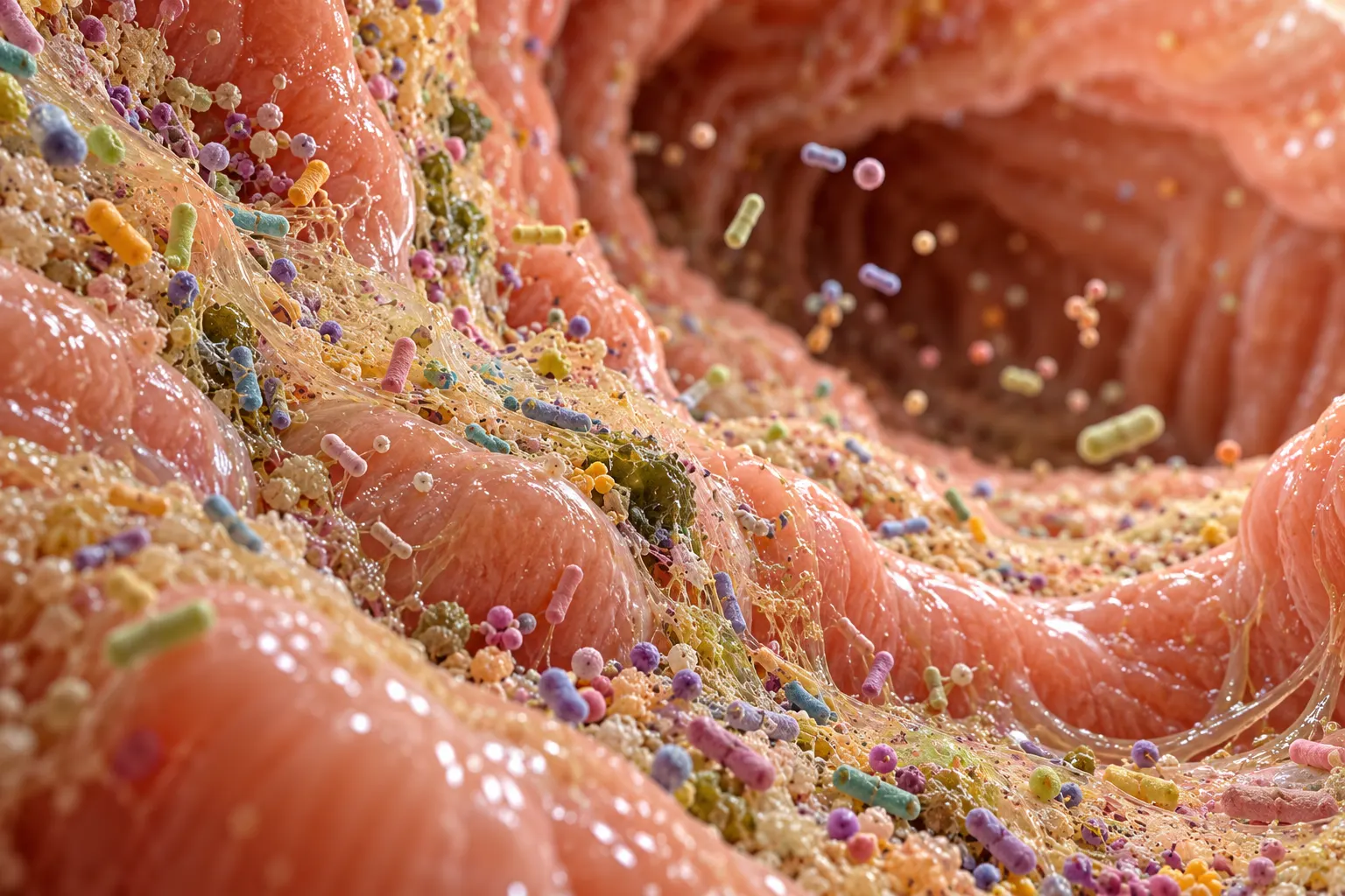 realistic AI-generated educational visualization of the inner surface of the large intestine with diverse bacteria; organisms illustrative and not to scale, not a microscopy photo. Created for fact 046 and reused here. Prompt: “Photorealistic educational cover image about the human gut microbiome. A medically plausible, respectful close-up visualization of the inner surface of the large intestine with a natural mucus layer and many tiny diverse bacteria attached and floating nearby, based on realistic scientific microscopy, warm soft tissue tones, bacteria shown as subtle small rods and spheres, no cartoon faces, no oversized organisms, no labels, no text, no gore, no diagrams, wide 3:2 landscape composition. Make it look like a high-quality scientific editorial photograph, with depth and clean lighting; organisms are illustrative and not to scale.” Visually checked 2026-10-21.