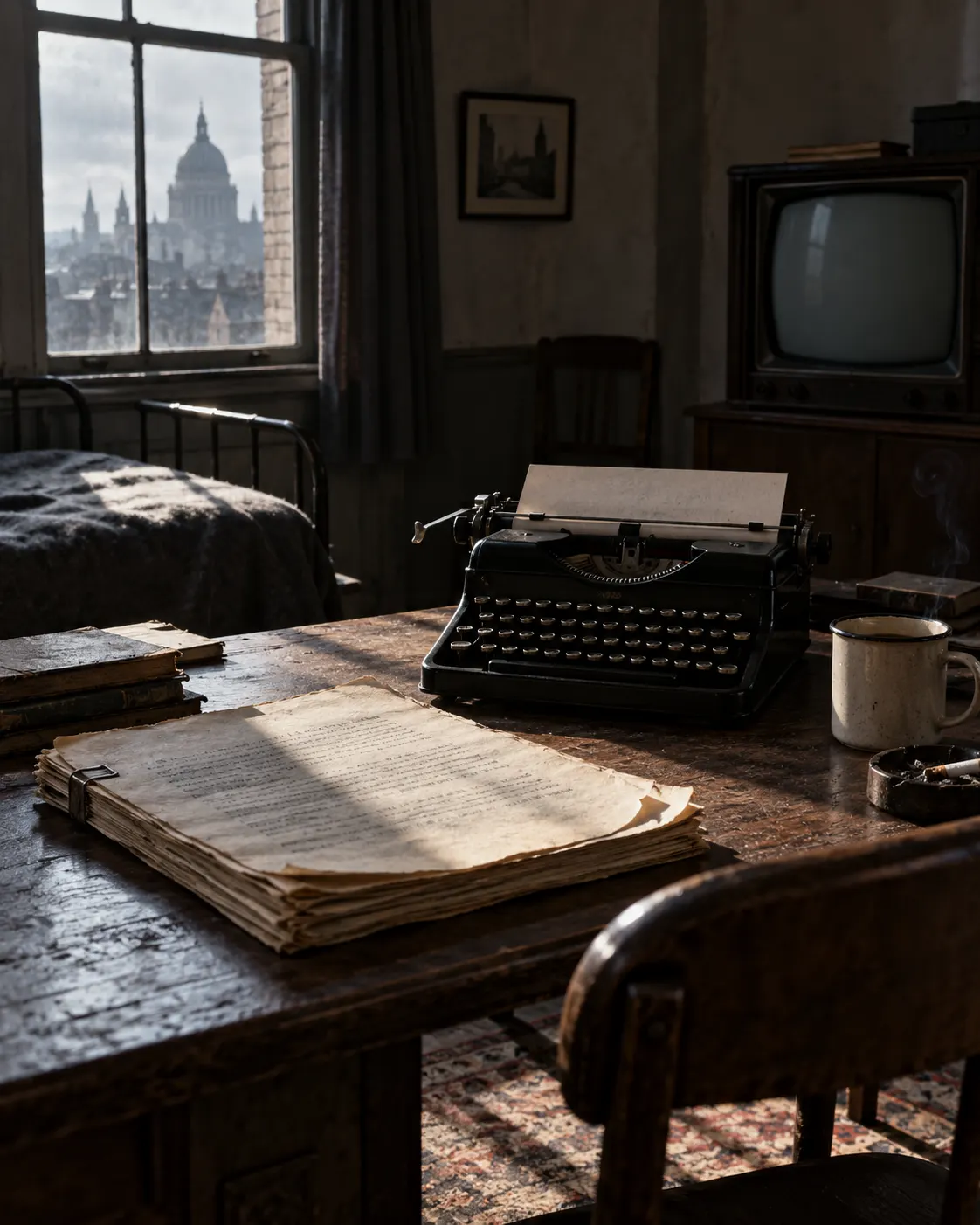 AI-generated symbolic 1940s writing desk evoking the book’s publication period; not Orwell’s actual possessions or a real manuscript. Prompt: “Photorealistic editorial still life evoking George Orwell's 1949 novel without reproducing any published edition: a worn generic typewritten manuscript, old portable typewriter, and blank television screen in a modest 1940s room, dramatic window light, vertical 4:5. No readable text, real book cover, logos, or claim these are Orwell's possessions.” Generated 2026-10-19.