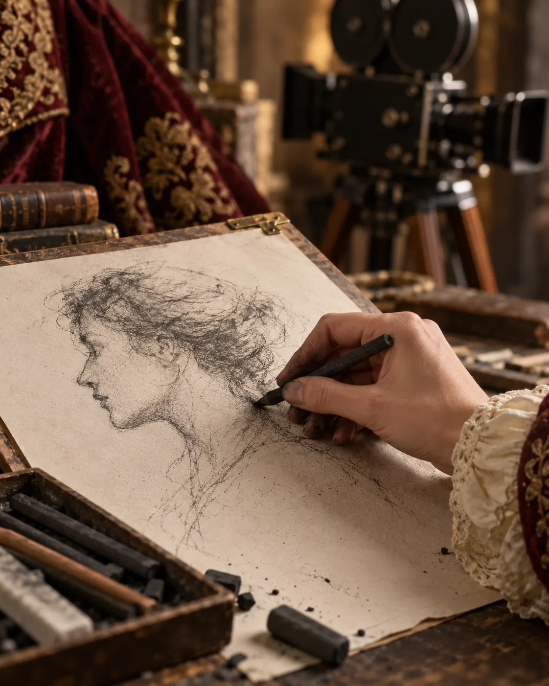 AI-generated symbolic image of an artist sketching an anonymous portrait for a period film; not a drawing of Kate Winslet or a scene from Titanic.