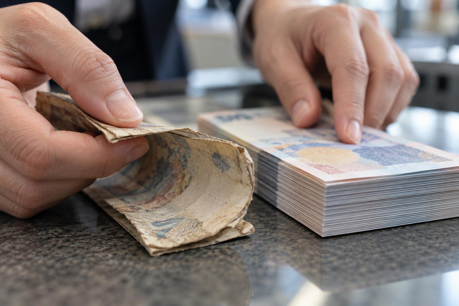 Титульна AI-згенерована ілюстрація / AI-generated cover illustration. Generic cashier handling a frayed note beside a crisp stack; illustrates wear, not a real currency specimen or measured lifespan.