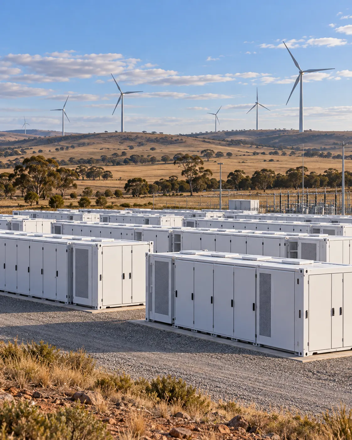 AI-generated conceptual illustration of a generic utility-scale battery with wind turbines in rural South Australia. Generated 2026-10-20 with OpenAI Image Generation. Prompt: “Create a realistic editorial illustration, vertical 4:5, of a generic grid-scale lithium-ion battery storage installation in the rural South Australian landscape: rows of neutral unbranded white modular battery containers, wind turbines in the distance, subdued natural daylight, no readable labels, no logos, no recognizable real people. It must be clearly a conceptual visualization, not an archival photograph and not an exact depiction of Hornsdale Power Reserve.” This is not documentary evidence or an exact image of Hornsdale.