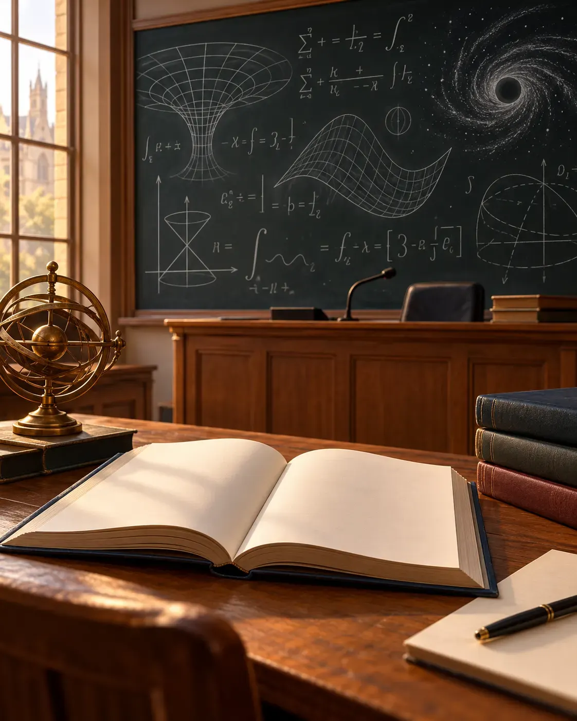AI-generated symbolic image of an open physics textbook and lecture board; no person or identifiable real classroom shown. Not documentary evidence. Creator: OpenAI image generation. Prompt summary: university work desk suggesting mathematical work by a physicist without readable text. No external media.