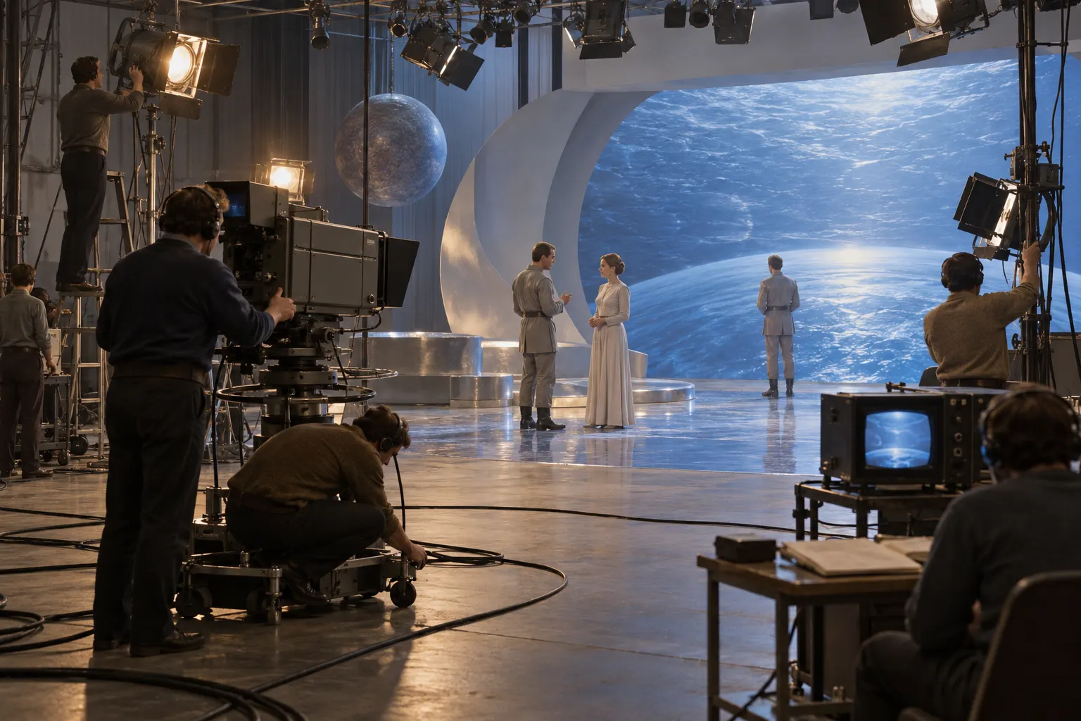 AI-generated symbolic reconstruction of a late-1960s television studio preparing a science-fiction production, representing the two-part 1968 television adaptation.