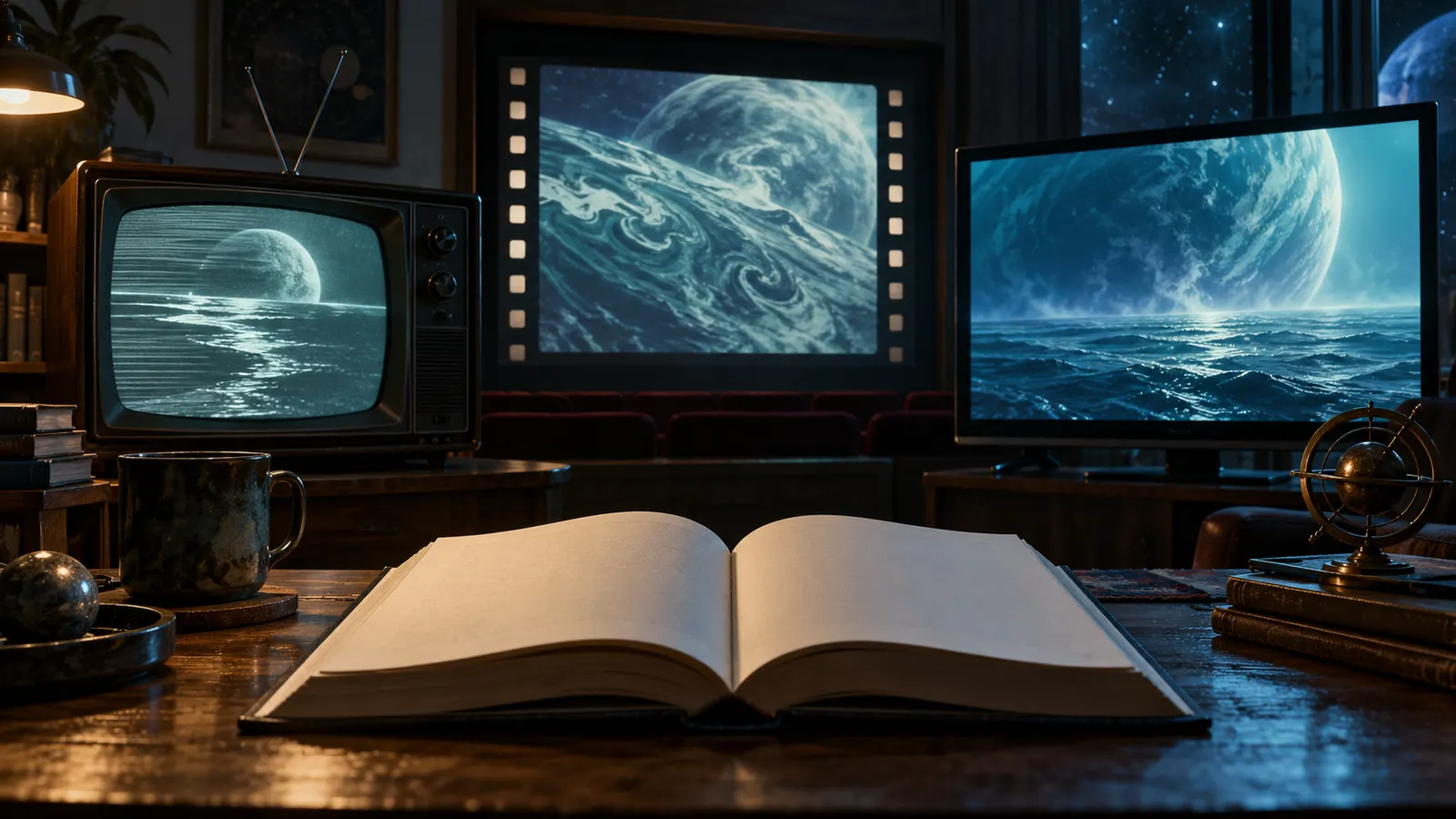 Титульна AI-згенерована ілюстрація / AI-generated cover illustration. Stanisław Lem’s novel is evoked alongside three different screen formats showing an imagined ocean planet.
