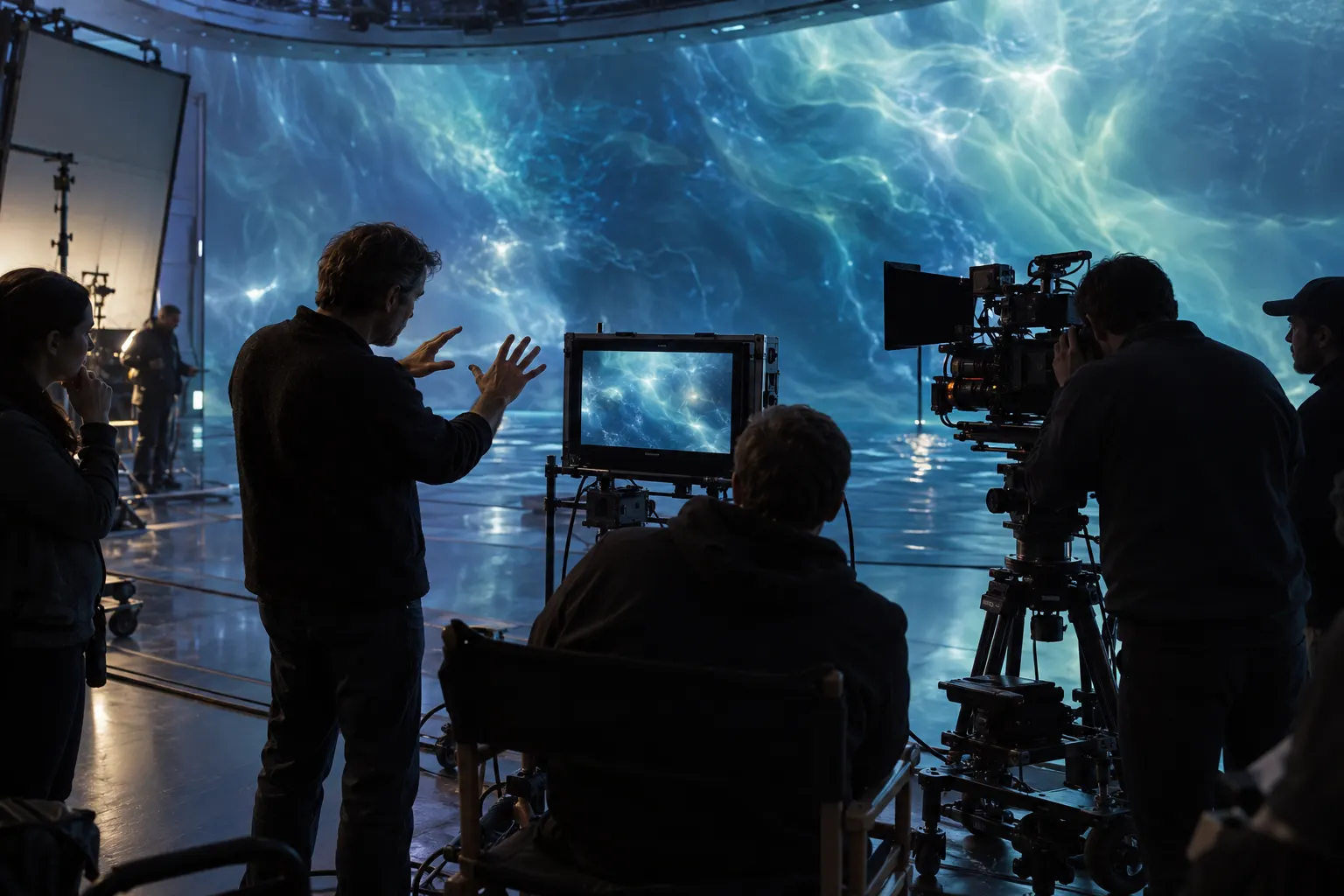 AI-generated symbolic reconstruction of an early-2000s film crew creating an abstract ocean-planet set, representing a later film adaptation.