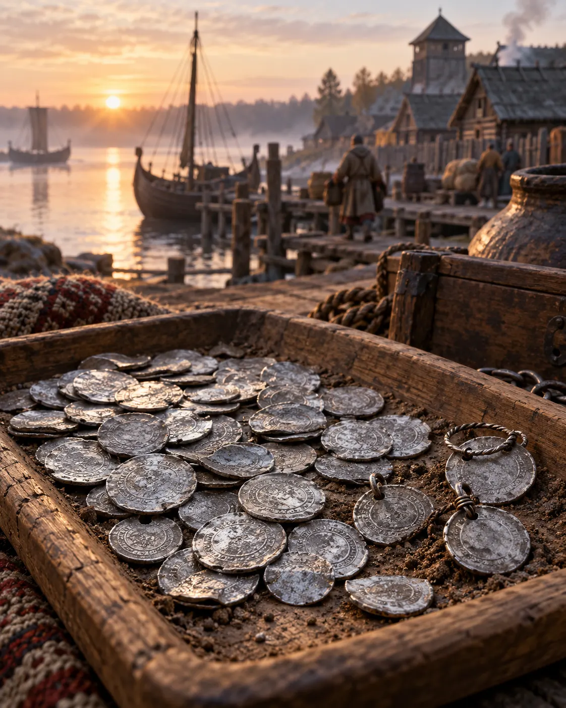 A reconstructed silver-coin hoard with pendants beside a tenth-century river trading settlement; not a specific documented hoard.