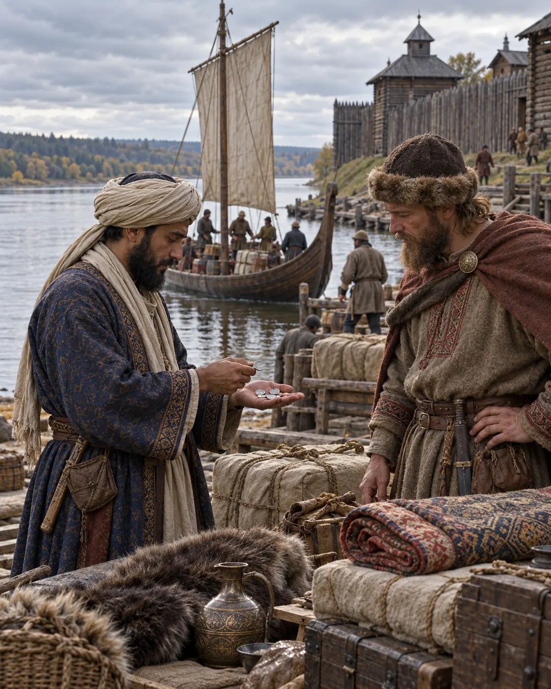 Two merchants examine generic silver coins beside a river vessel in a reconstructed trading settlement.