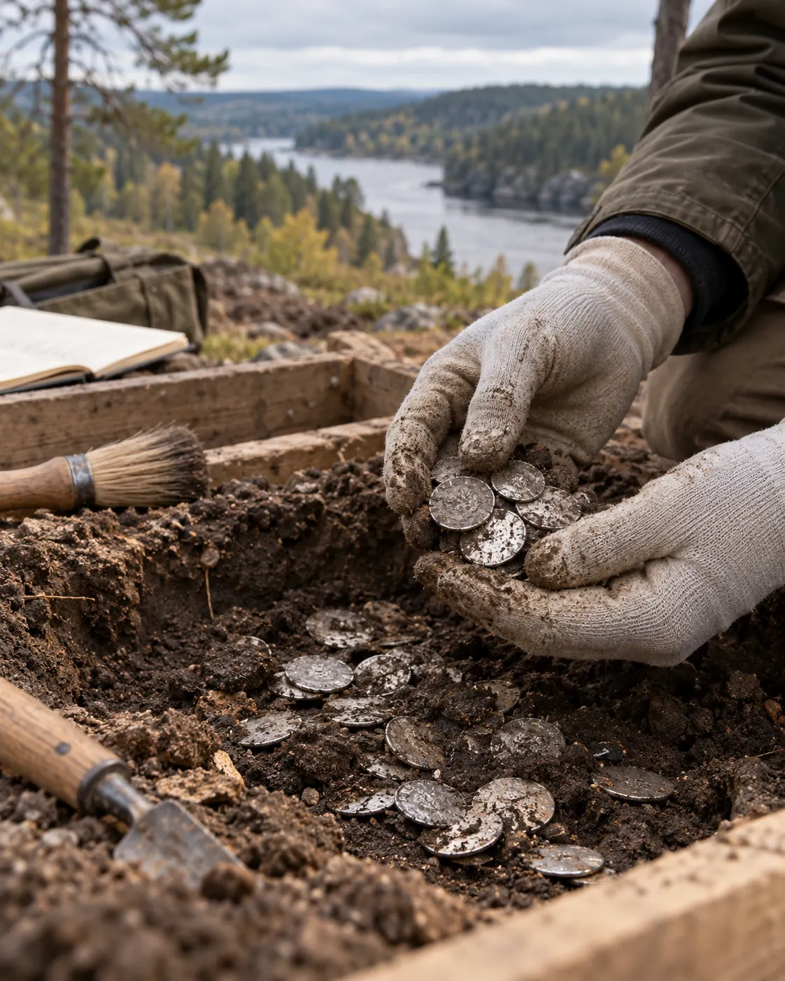 An archaeologist uncovers a small group of generic silver coins at a forested river site; illustrative reconstruction.