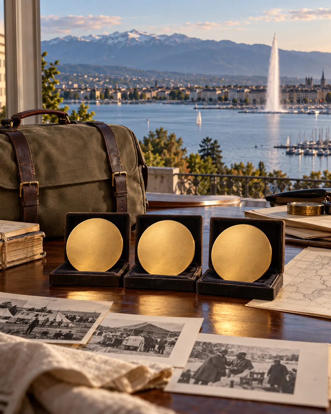 AI-generated cover: three plain, unmarked award discs and a blank medical bag against a Geneva lakeside view. Generated 19 October 2026. Prompt: “Photorealistic vertical 4:5 editorial cover about the International Committee of the Red Cross receiving the Nobel Peace Prize three times. A Geneva lakeside view beyond a desk with three plain unmarked brass medallions, a medical bag with entirely blank fabric and humanitarian archival papers. No cross or plus symbol, no insignia, no writing, no logos, no recognizable award design.”