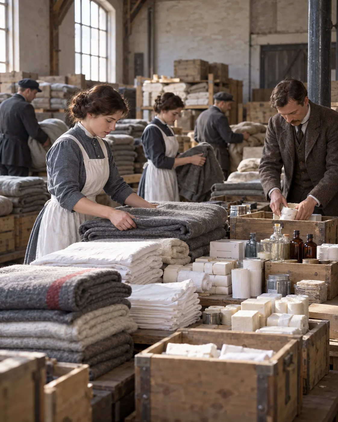 AI-generated historical illustration of volunteers sorting blankets and medical supplies in a European relief warehouse; generic scene, not documented ICRC staff or operation. Generated 19 October 2026. Prompt: “Photorealistic historical editorial reconstruction, vertical 4:5: early 20th-century neutral humanitarian aid workers sorting clean blankets and medical supplies in a European relief warehouse, respectful, historically plausible, no injured people. Generic scene, not documented ICRC staff. No red cross, no plus signs, no insignia, no readable text.”