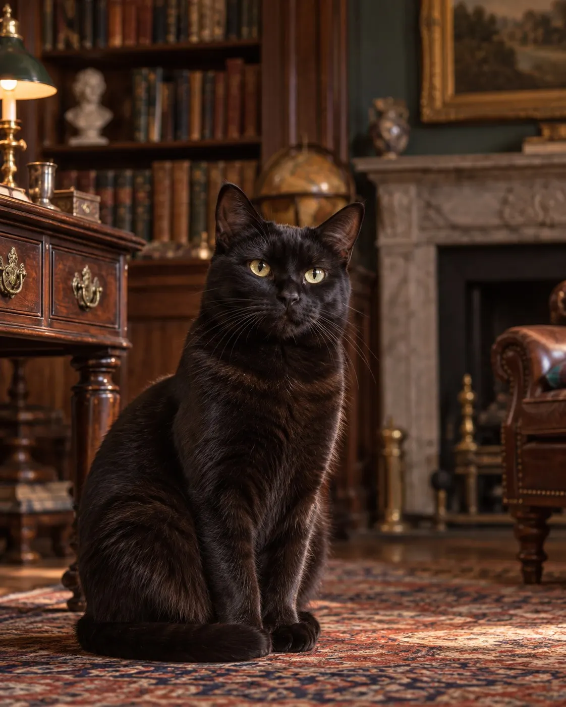AI-generated cover of a fictional black cat in an antique-filled study; not Blackie, Ben Rea or a depiction of the estate. Prompt: “Photorealistic vertical 4:5 editorial cover of a dignified black domestic cat sitting in a softly lit British antique-filled study, old wooden furniture and blurred books in background, subtle archival mood, no readable documents. Fictional cat, not Blackie and not a depiction of Ben Rea or his estate. No text, logos or numbers.” Generated 20 October 2026.