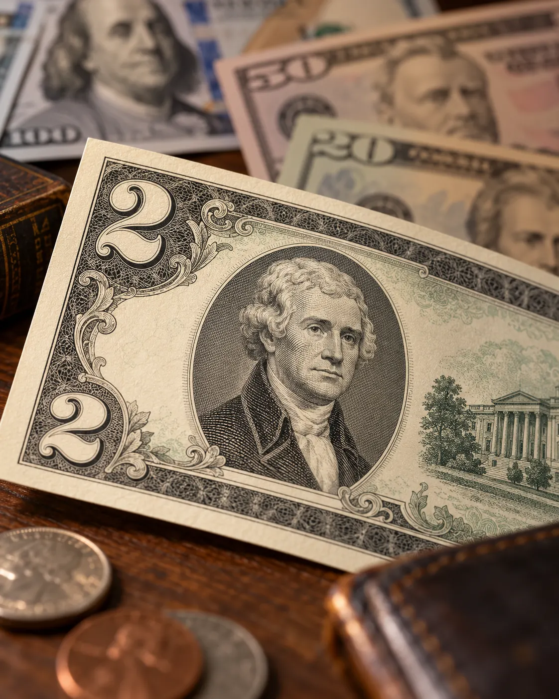 AI-generated symbolic two-dollar-style banknote with a historical portrait, beside other generic denominations. It is not a reproduction of legal tender or a particular issue. Generated with OpenAI image generation; no external source or reuse license applies.