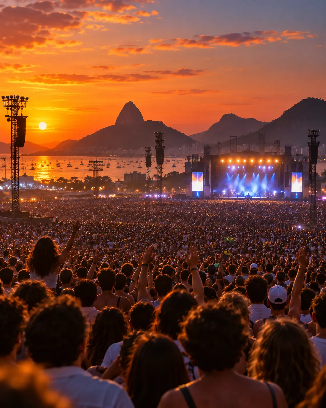 AI-generated illustrative cover, created 2026-10-25. Prompt: “Concert documentary style, vertical 4:5, large open-air Brazilian music festival crowd at sunset, stage lights distant, no identifiable musicians, no words or logos. Illustrative cover about a-ha’s 1991 Rock in Rio audience.”