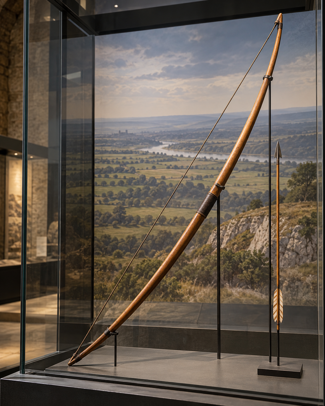 AI-generated with OpenAI image generation. Prompt: “Photorealistic editorial cover for an accessible history article about medieval English longbow range. A historical longbow and a single arrow displayed in a museum case with a distant landscape illustration behind it, no people, no combat, no logos, no readable text. Documentary artifact photography, calm natural light, portrait 4:5.”