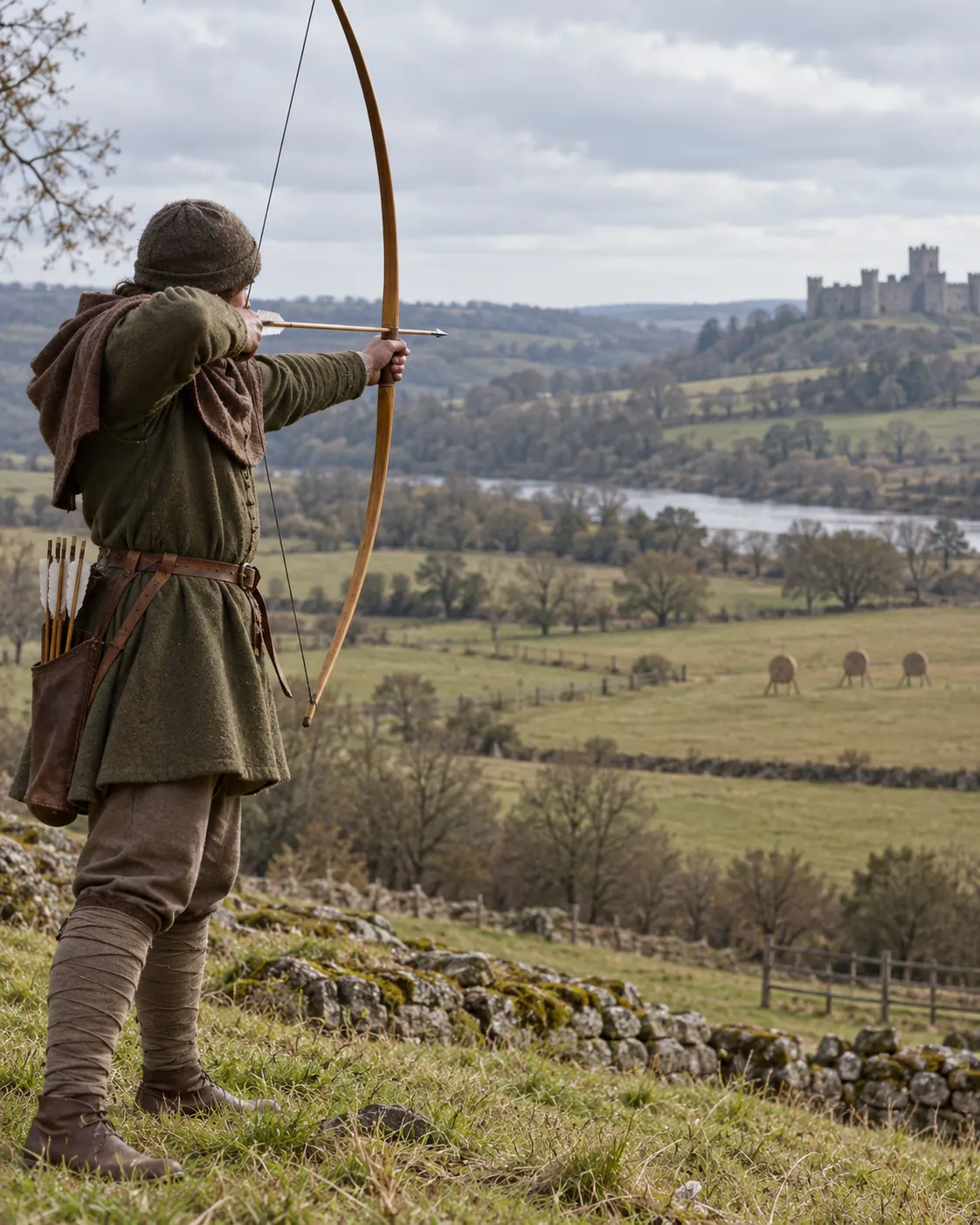 AI-generated with OpenAI image generation. Prompt: “Distinct photorealistic editorial reconstruction of medieval archery practice in England: a longbow archer viewed from a safe side angle shooting toward a distant empty target field, historically inspired clothing, no battle or injuries, no readable text, no logos. Wide sense of distance, soft overcast daylight, documentary style, portrait 4:5.”