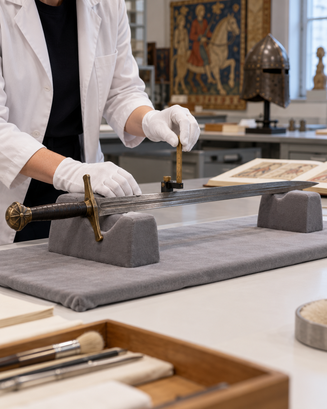 AI-generated with OpenAI image generation. Prompt: “Distinct photorealistic editorial scene in a museum conservation laboratory: curator in white gloves checks the balance point of a replica medieval sword on a padded support using a small measuring tool, no readable text, no faces, no violence, no logos. Quiet educational heritage documentary, portrait 4:5.”