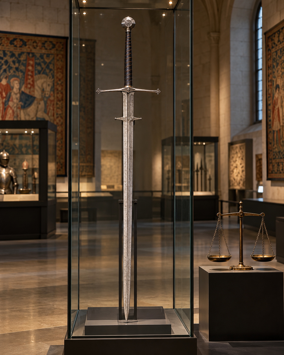 AI-generated with OpenAI image generation. Prompt: “Photorealistic editorial cover for a museum article correcting myths about medieval two-handed sword weight. A long two-handed sword mounted in a clear glass museum display with a subtle balance scale nearby, no people, no combat, no text or logos. Accurate heritage museum lighting, portrait 4:5.”