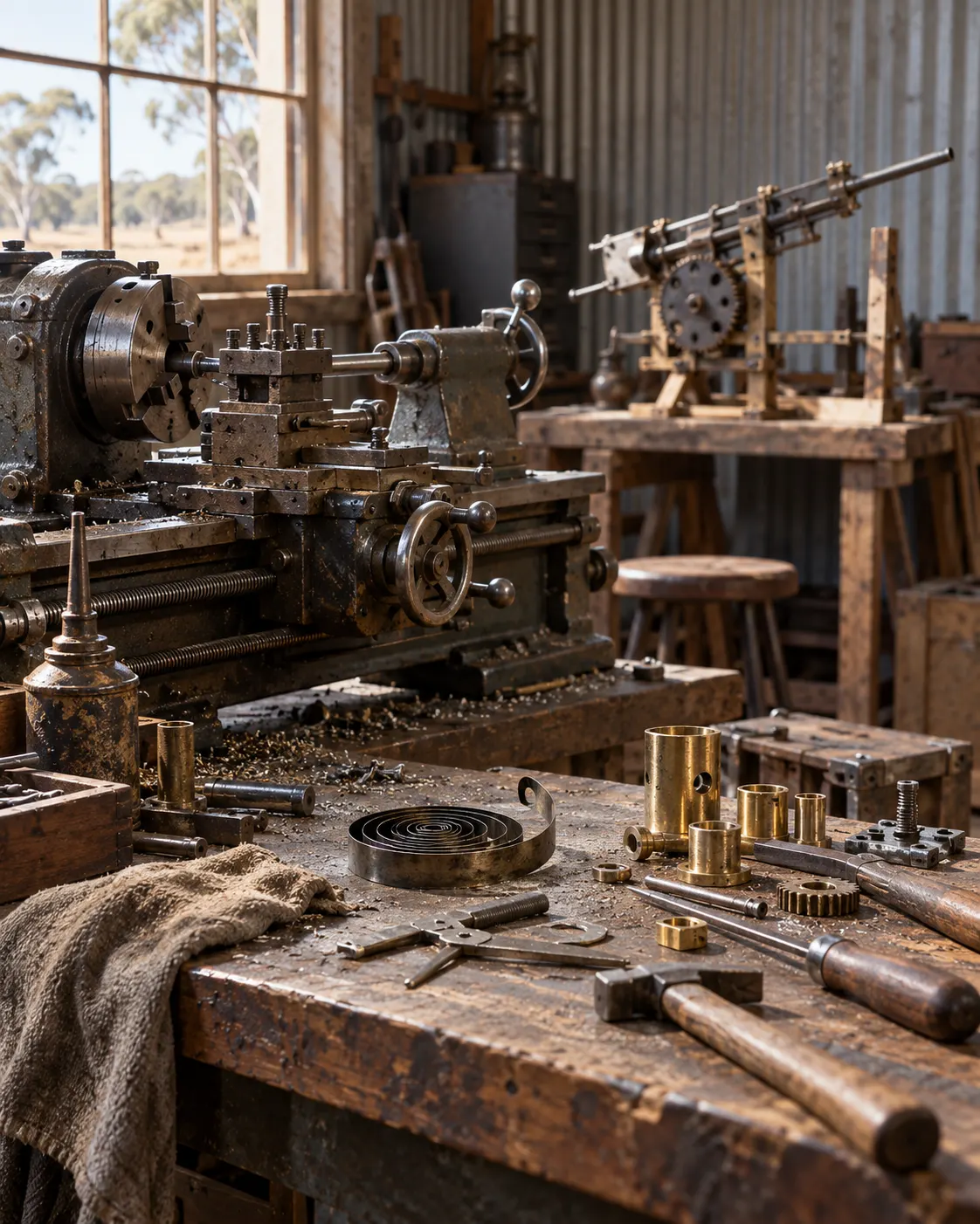 AI-generated historical workshop reconstruction of Evelyn Owen’s early improvised prototyping; not a documentary image or exact design.