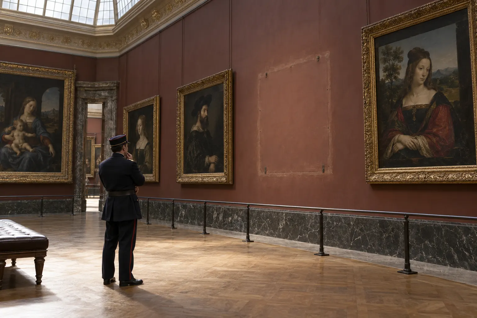 AI-generated symbolic reconstruction of an empty museum wall after the Mona Lisa was stolen.